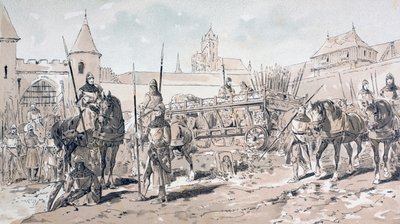 Cavalry and Foot Soldiers with Horse Drawn Wagon Carrying Arms and Supplies during the 13th Century by Armand Jean Heins
